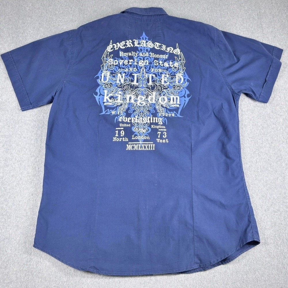 Pepe Jeans London Shirt Mens XL Blue Button Up Short Sleeve Graphic Y2K